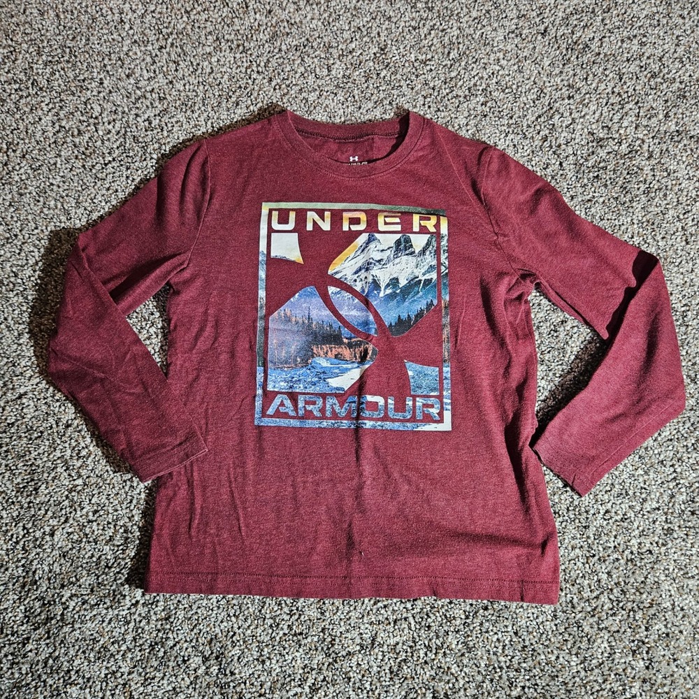 Under Armour Boys Small Long Sleeve Graphic T-Shirt Maroon Red Mountain‎ Logo